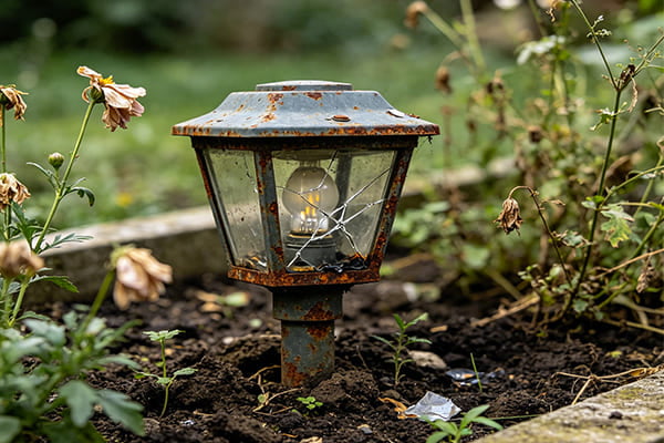 A failed landscape light sitting in a garden bed